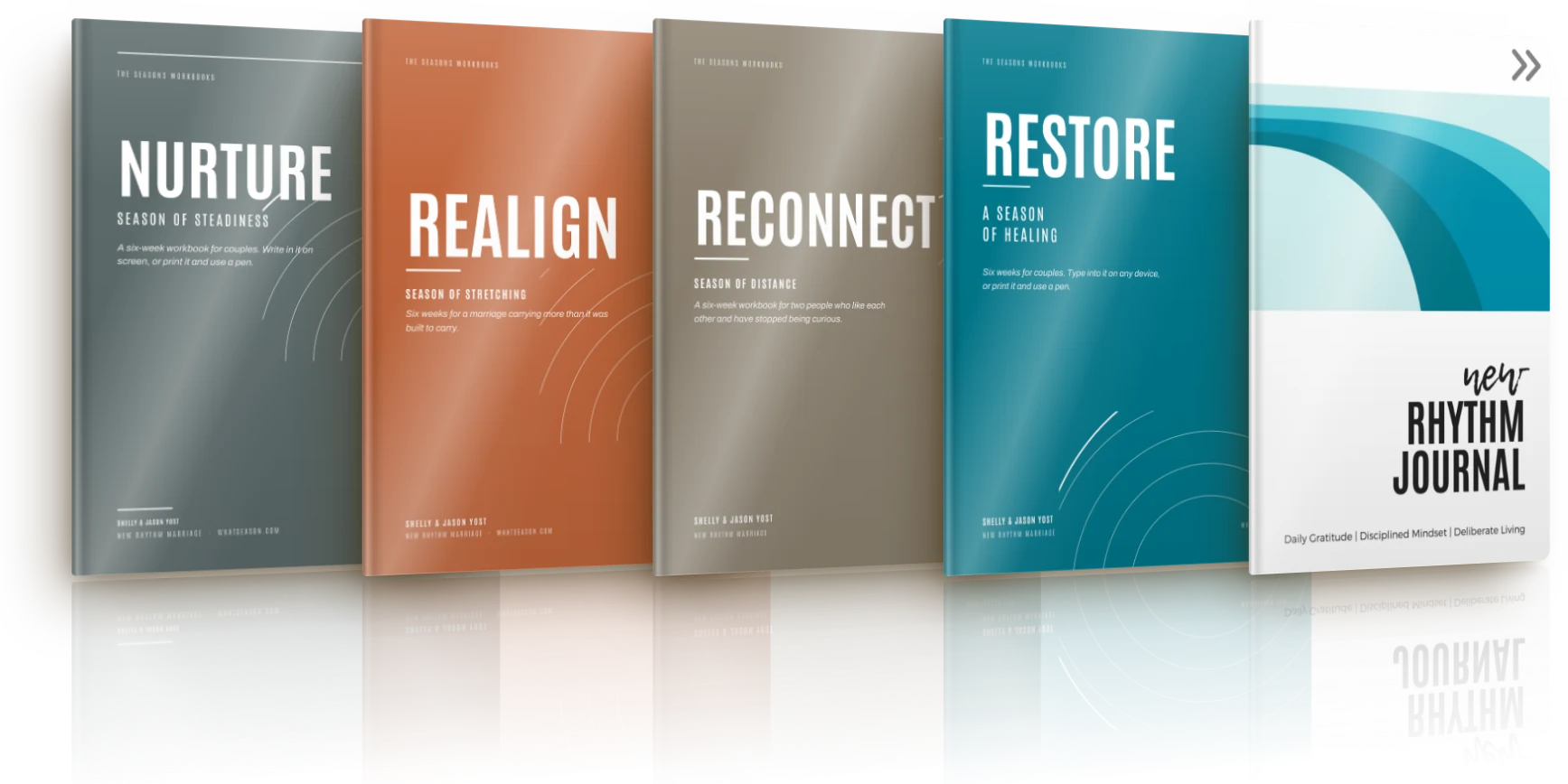 The four Seasons Workbooks and the New Rhythm Journal, side by side